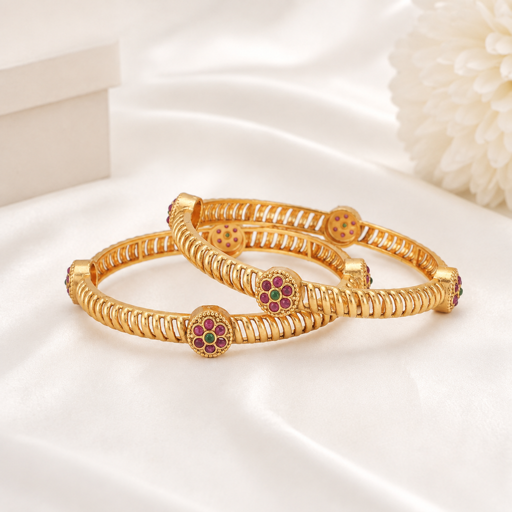 Gold spiral stone bangle set