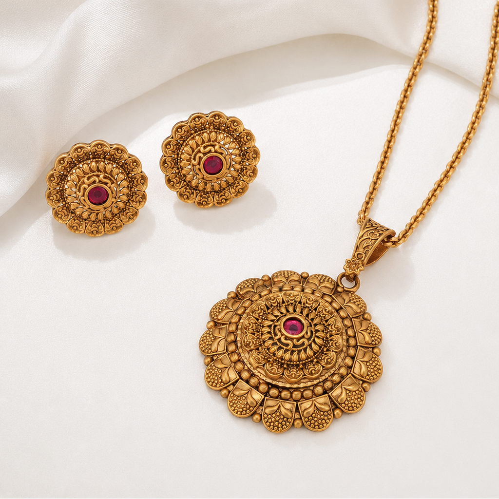 Gold Plated Floral Big Pendant Set