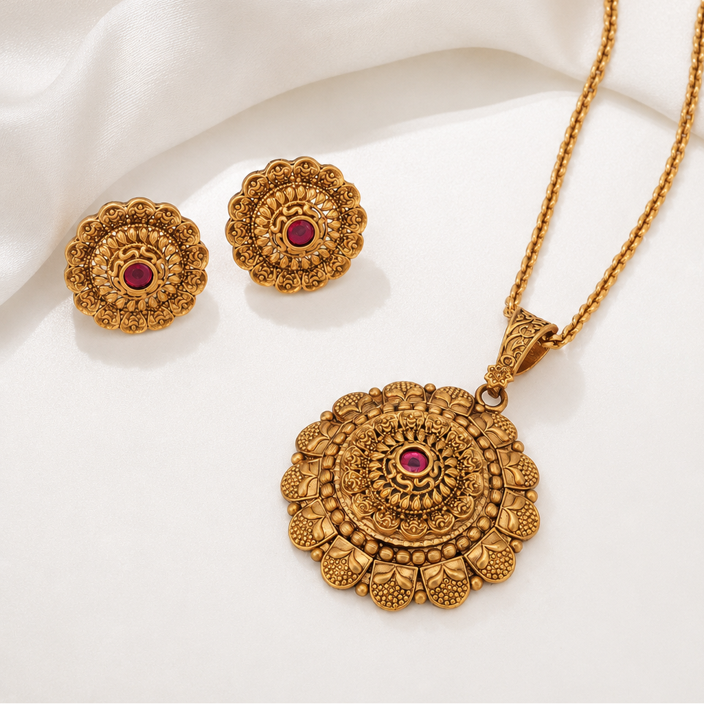 Gold Plated Floral Big Pendant Set