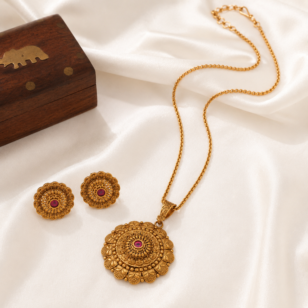 Gold Plated Floral Big Pendant Set