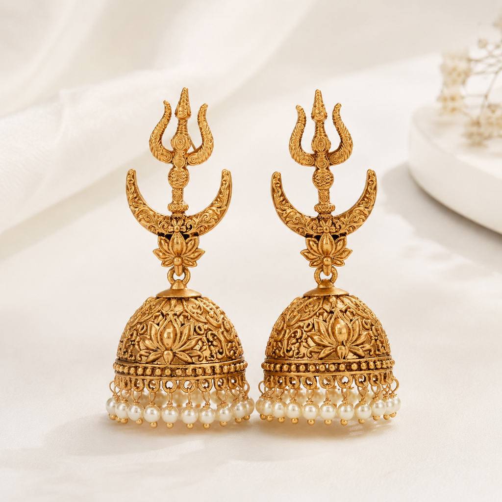 Long antique gold trishul jhumka earring