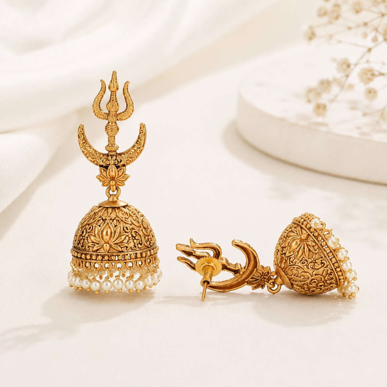 Long antique gold trishul jhumka earring