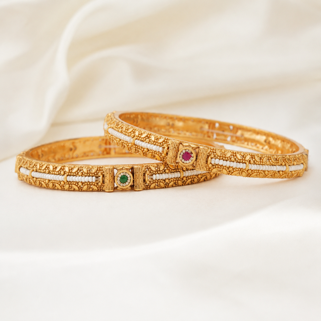 Stunning pearl line stone gold bangle set