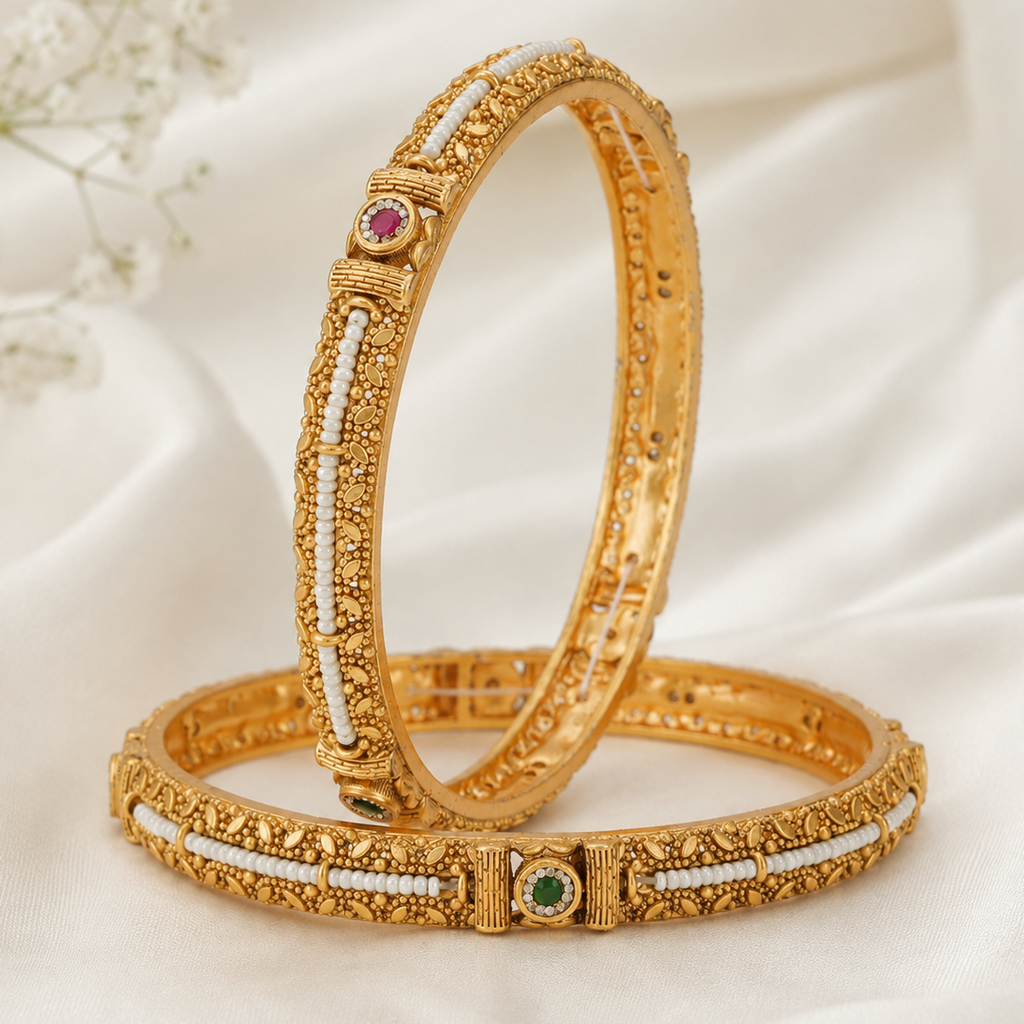 Stunning pearl line stone gold bangle set