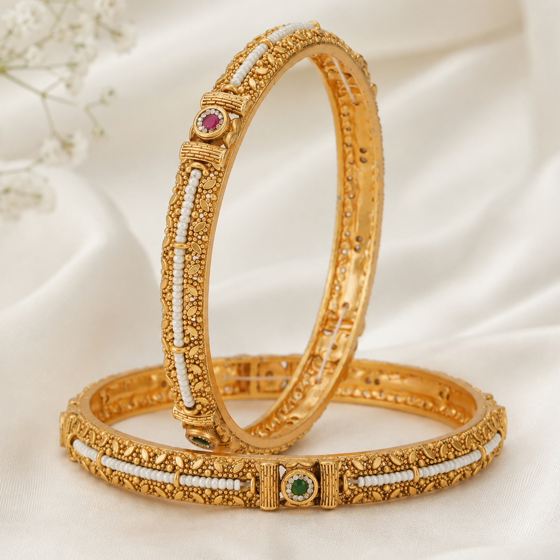 Stunning pearl line stone gold bangle set