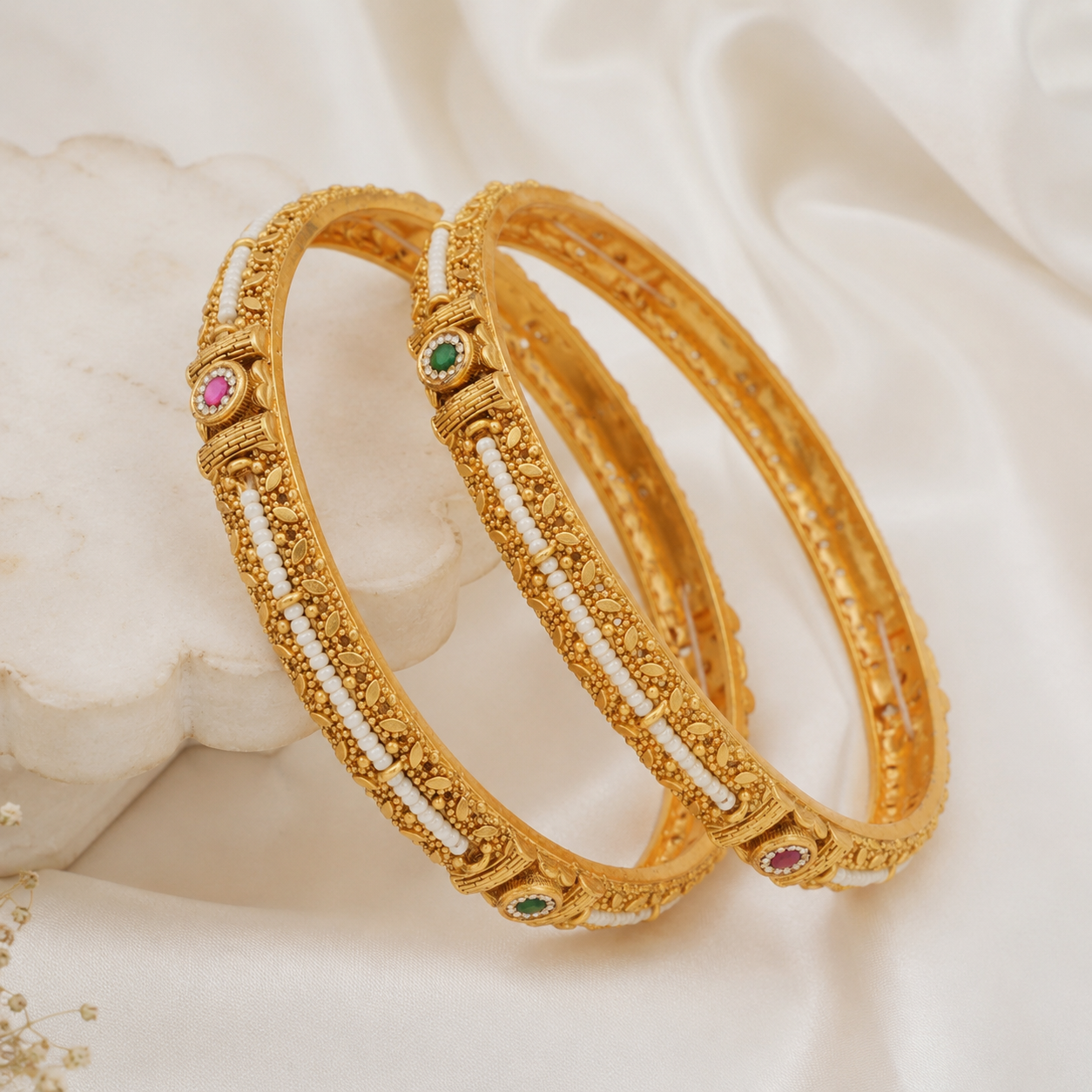 Stunning pearl line stone gold bangle set