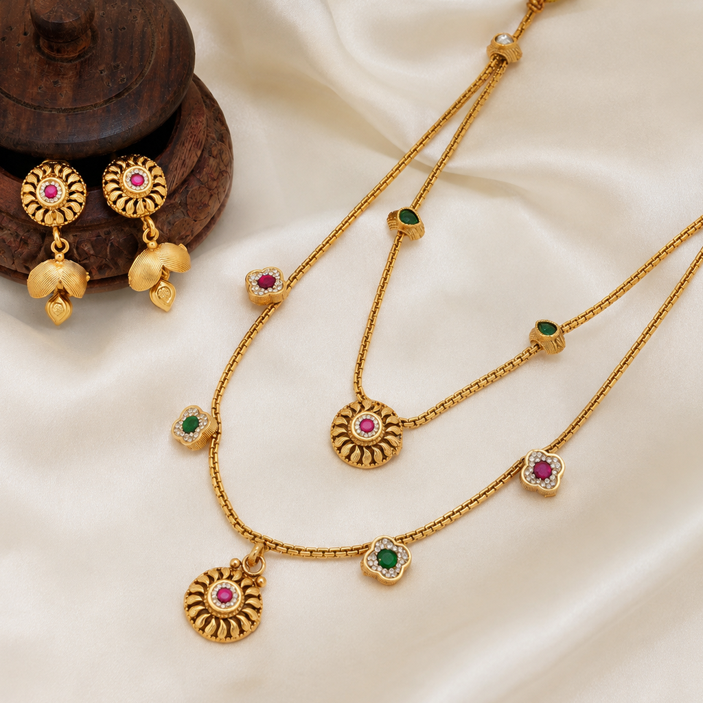 Antique Gold Multicolor Stone Layer Necklace Set