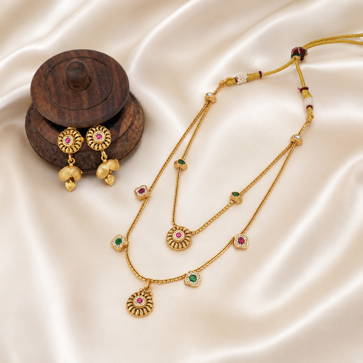 Antique Gold Multicolor Stone Layer Necklace Set