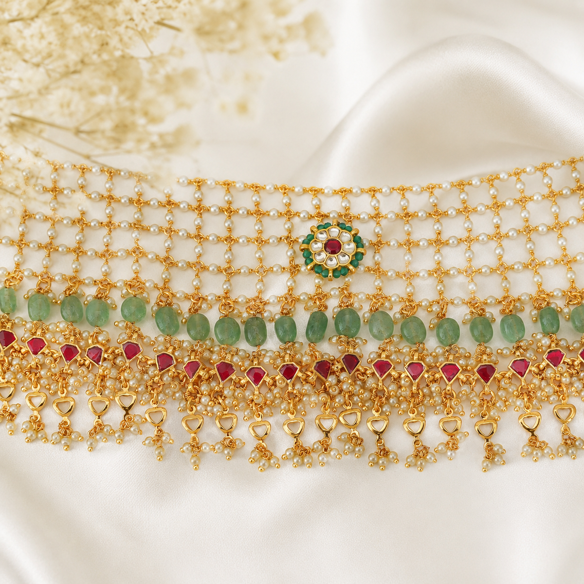 Gold Plated Pearl Pachi Kundan Necklace Set