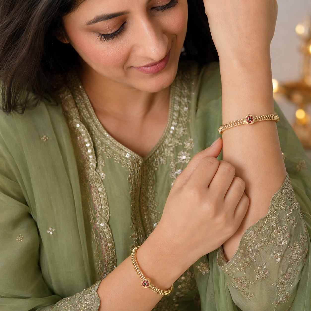 Gold spiral stone bangle set