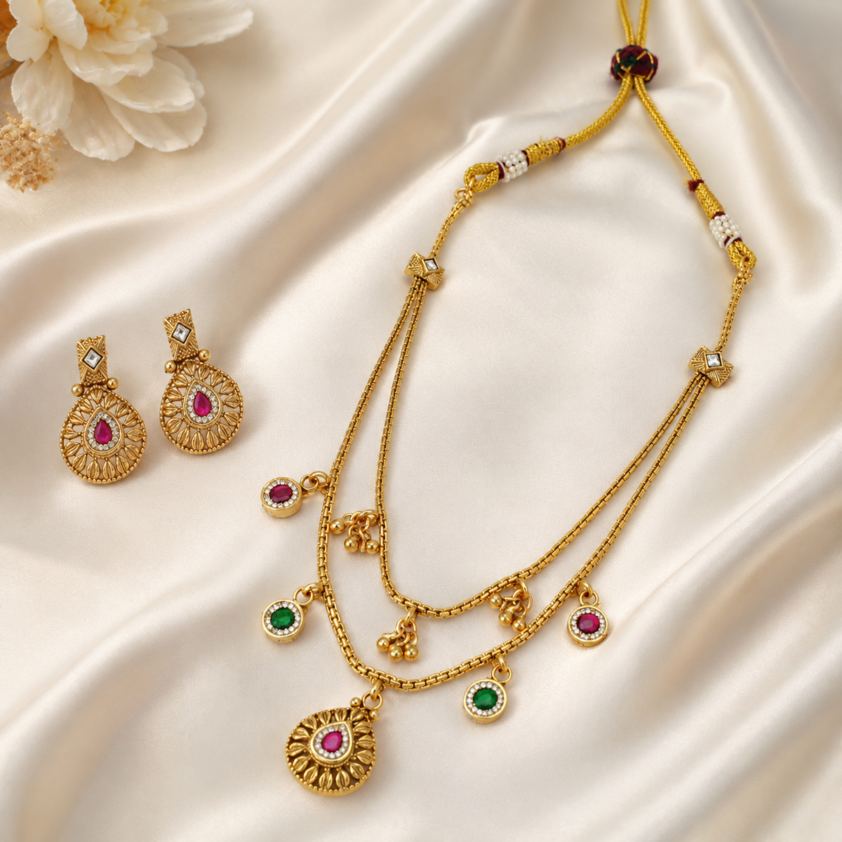 Gold Plated Long Layer Stone Necklace Set