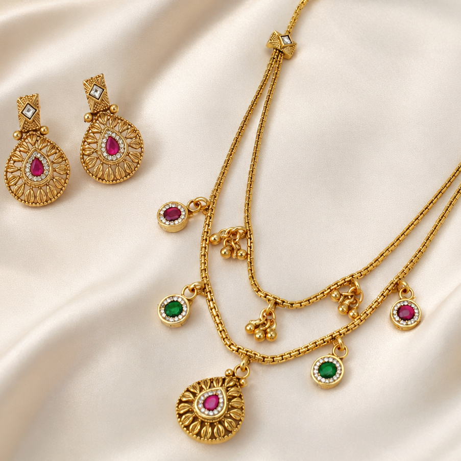 Gold Plated Long Layer Stone Necklace Set