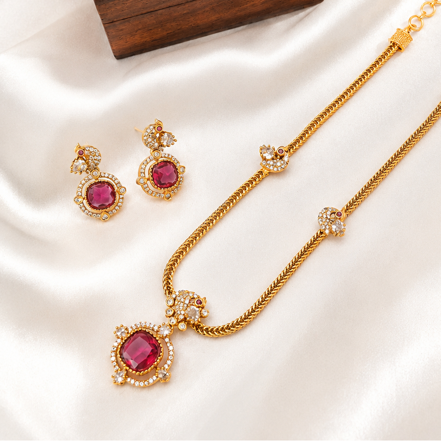 Gold Plated Ruby Diamond Pendant Set