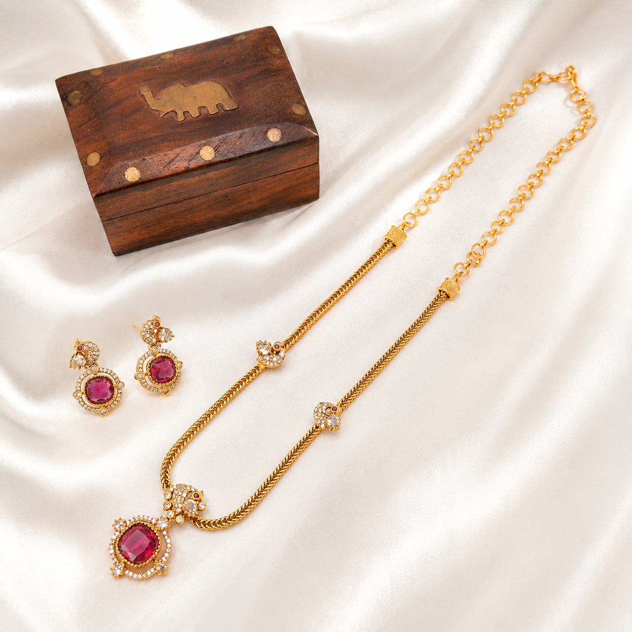 Gold Plated Ruby Diamond Pendant Set