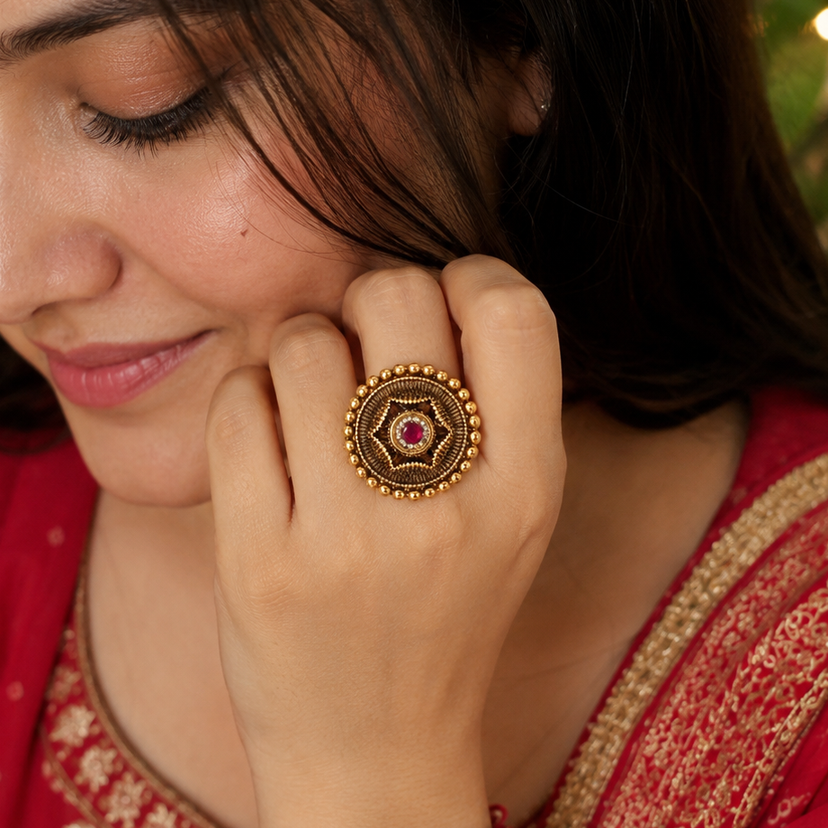 Stunning hexagon gold ruby finger ring