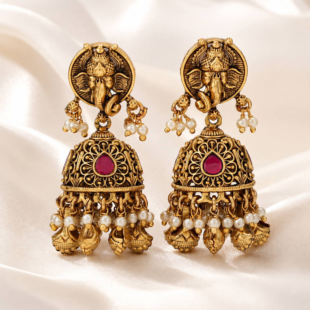 Lord Ganesh gold ruby jhumka earring