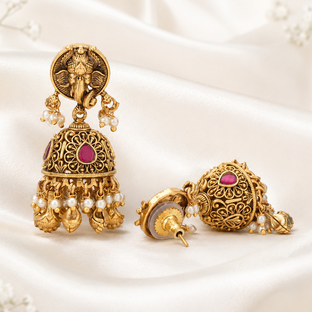 Lord Ganesh gold ruby jhumka earring