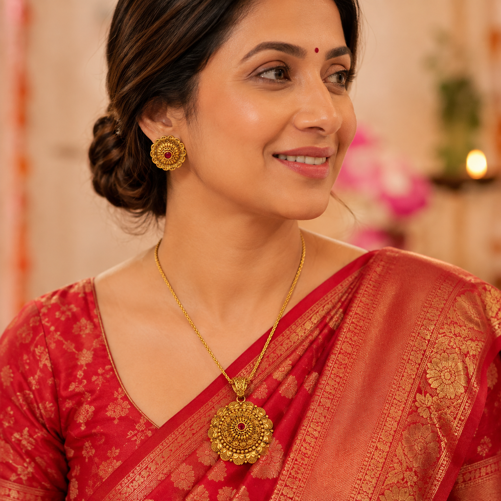 Gold Plated Floral Big Pendant Set