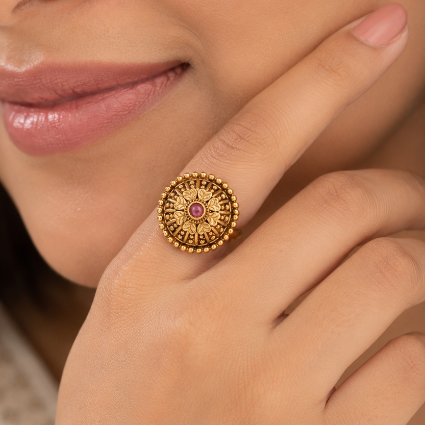 Gold Plated Heart Ruby Finger Ring