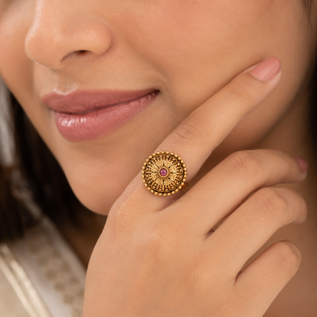 Gold Plated Heart Ruby Finger Ring