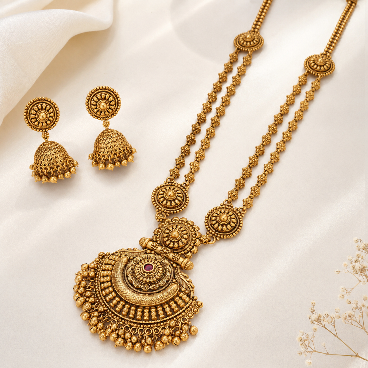 Stunning long antique gold necklace set