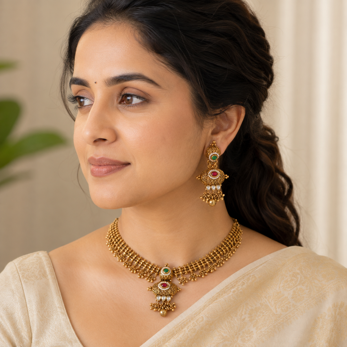 Gold Plated Kundan Stone Necklace Set