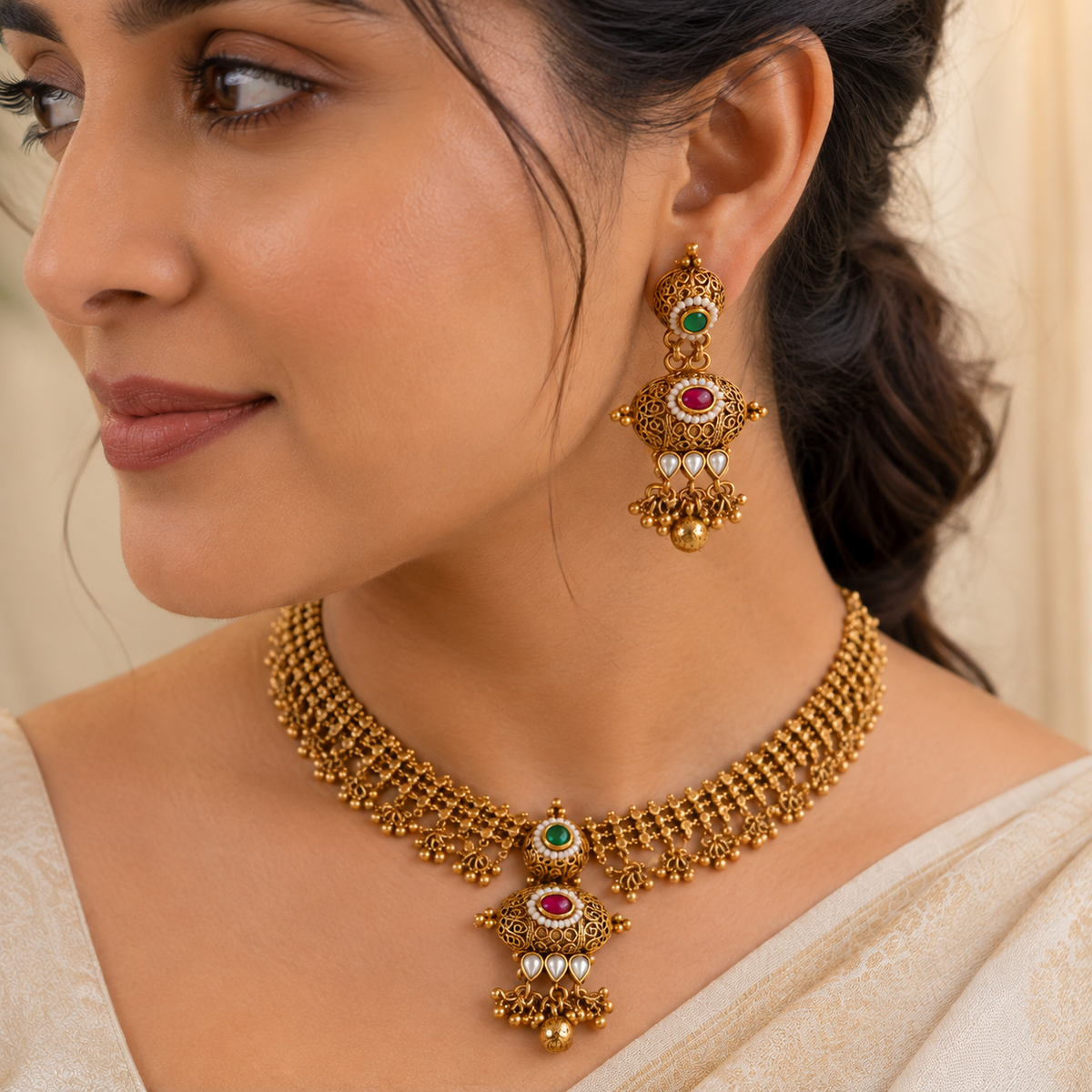 Gold Plated Kundan Stone Necklace Set