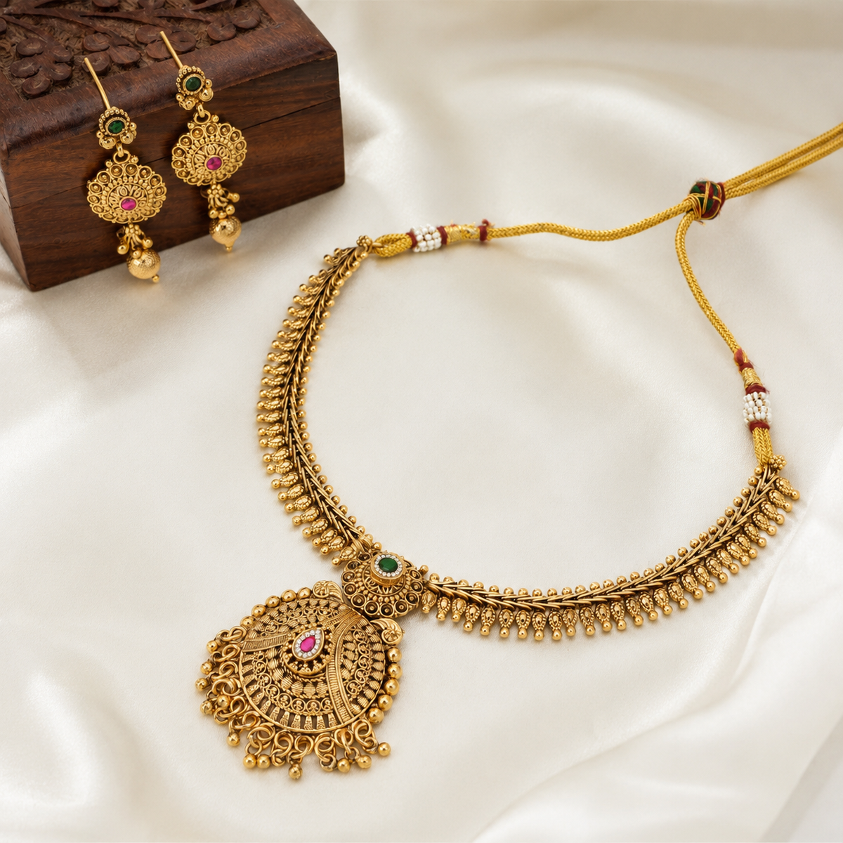 Gold Plated Stone Necklace Set With Earring