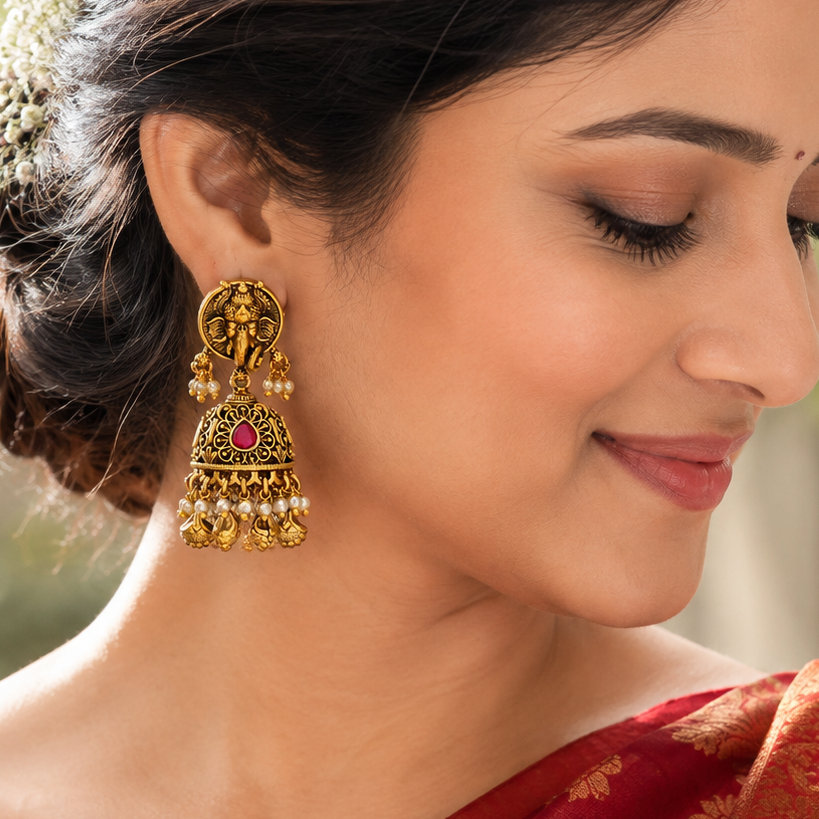 Lord Ganesh gold ruby jhumka earring