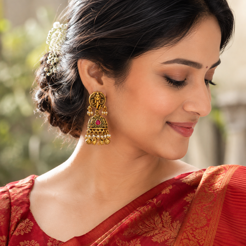 Lord Ganesh gold ruby jhumka earring