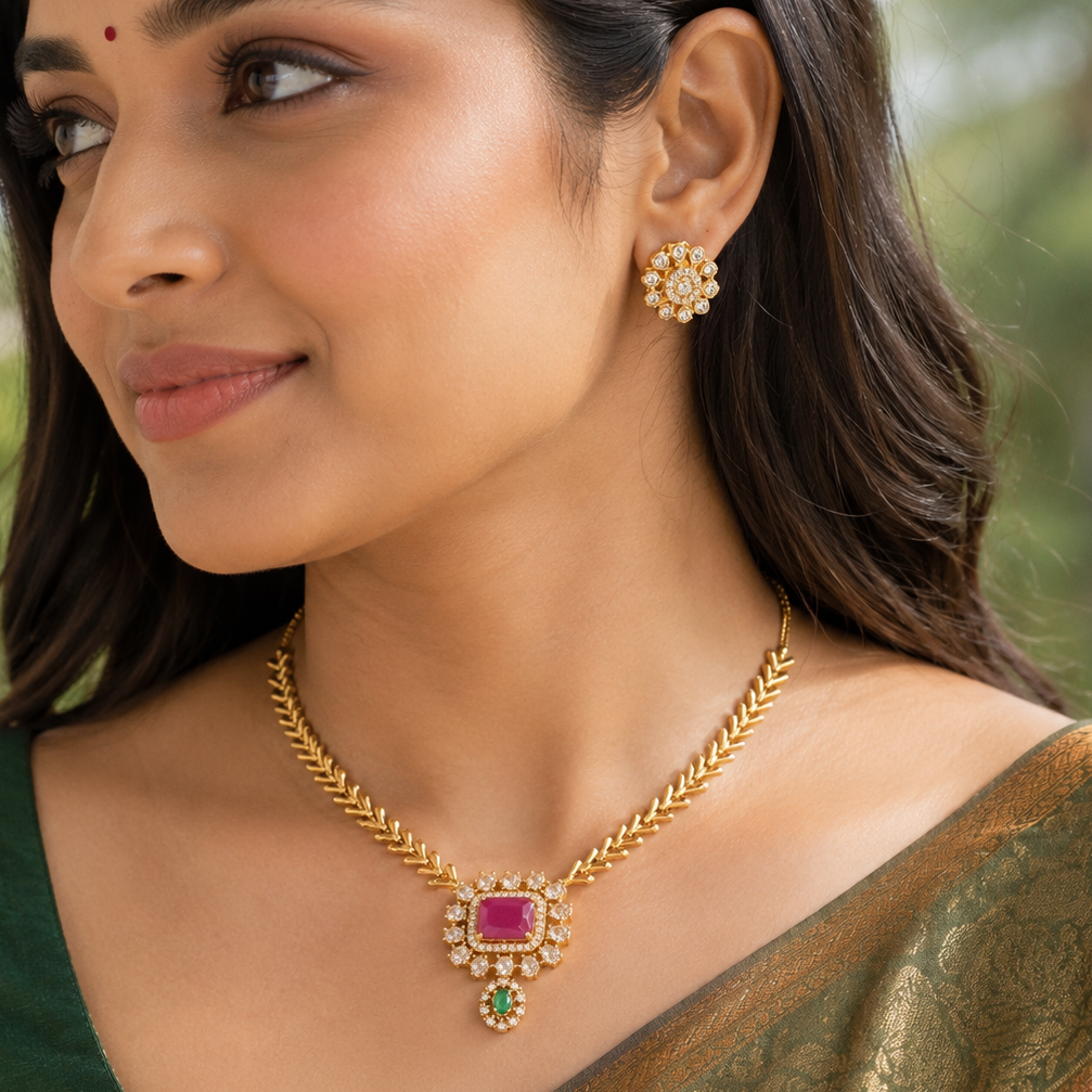 Antique Gold Diamond Ruby Necklace Set