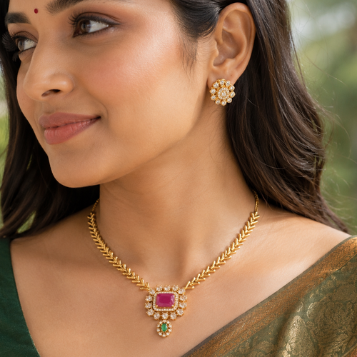 Antique Gold Diamond Ruby Necklace Set
