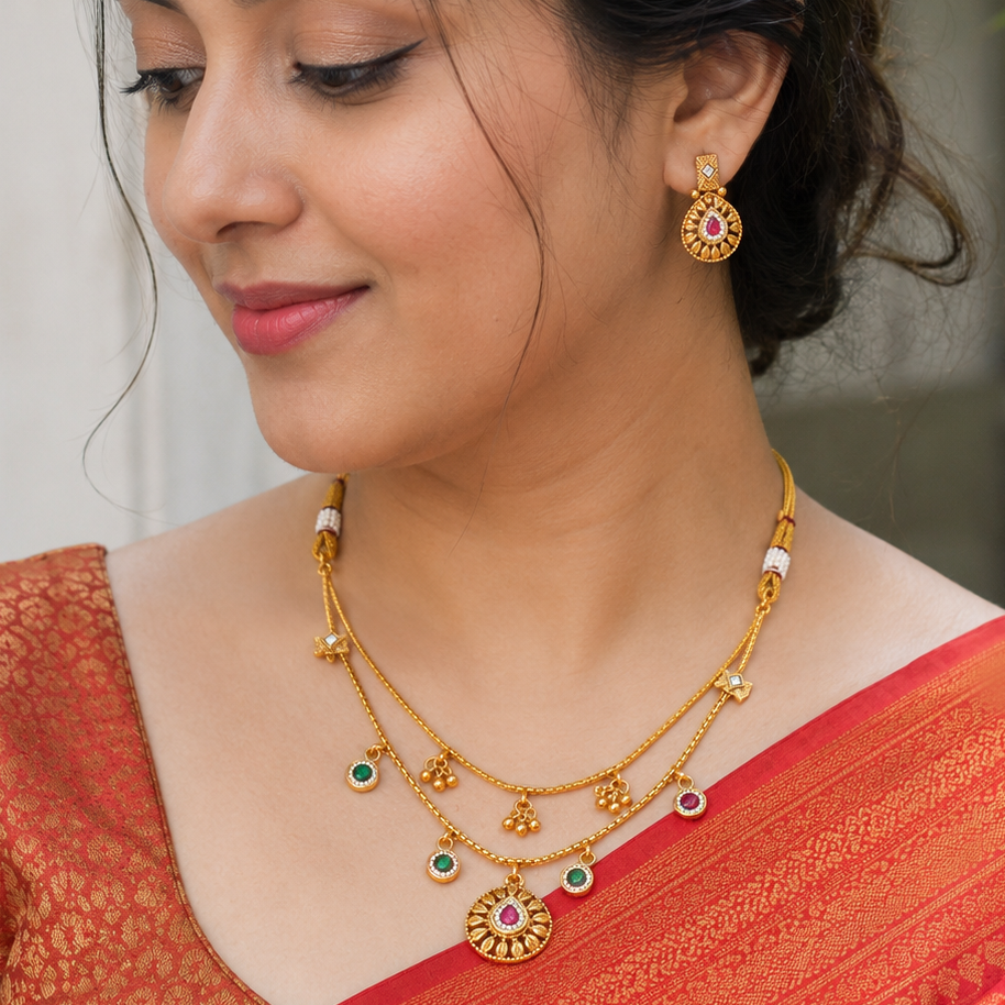 Gold Plated Long Layer Stone Necklace Set