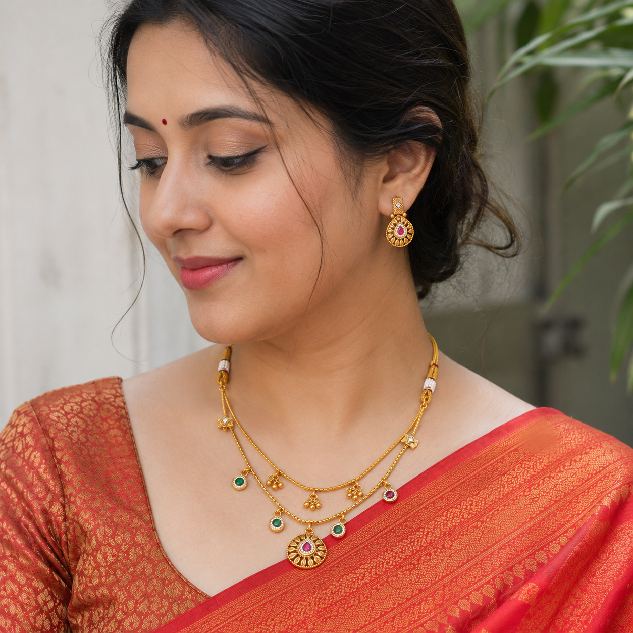 Gold Plated Long Layer Stone Necklace Set
