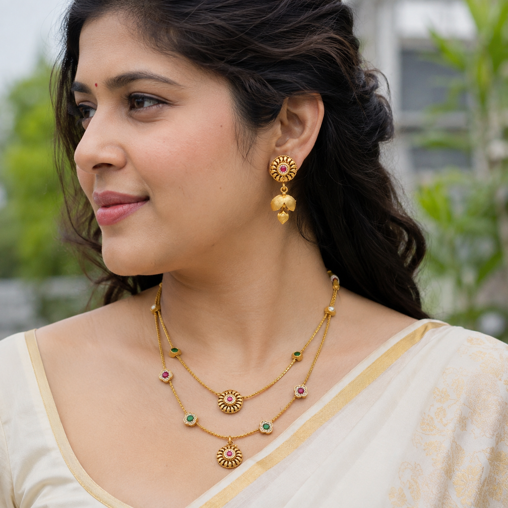 Antique Gold Multicolor Stone Layer Necklace Set