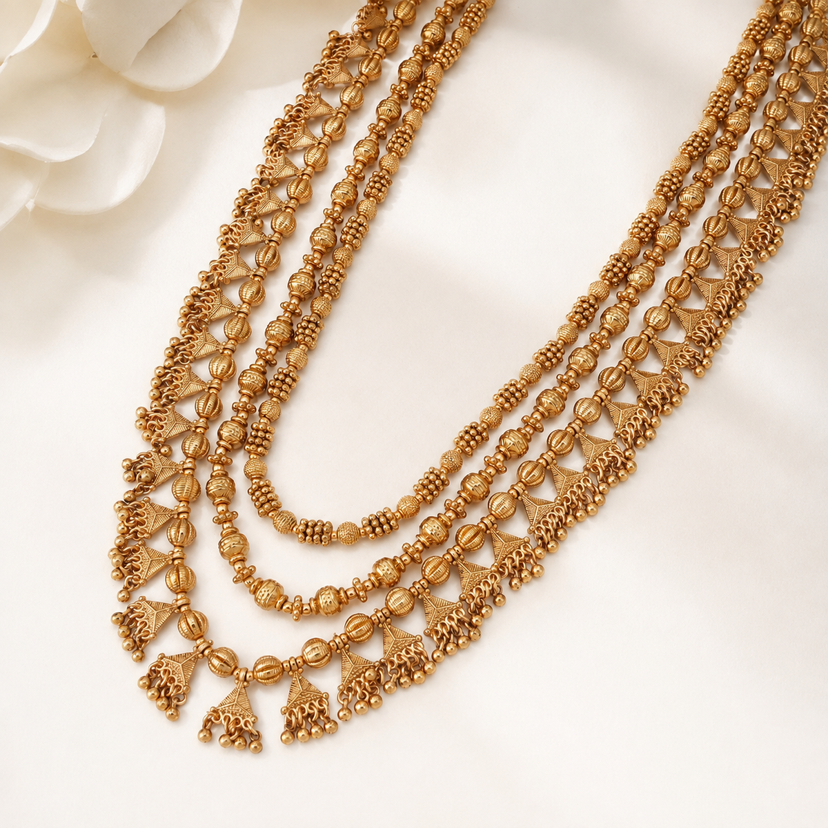 Long plain stunning gold mala necklace set