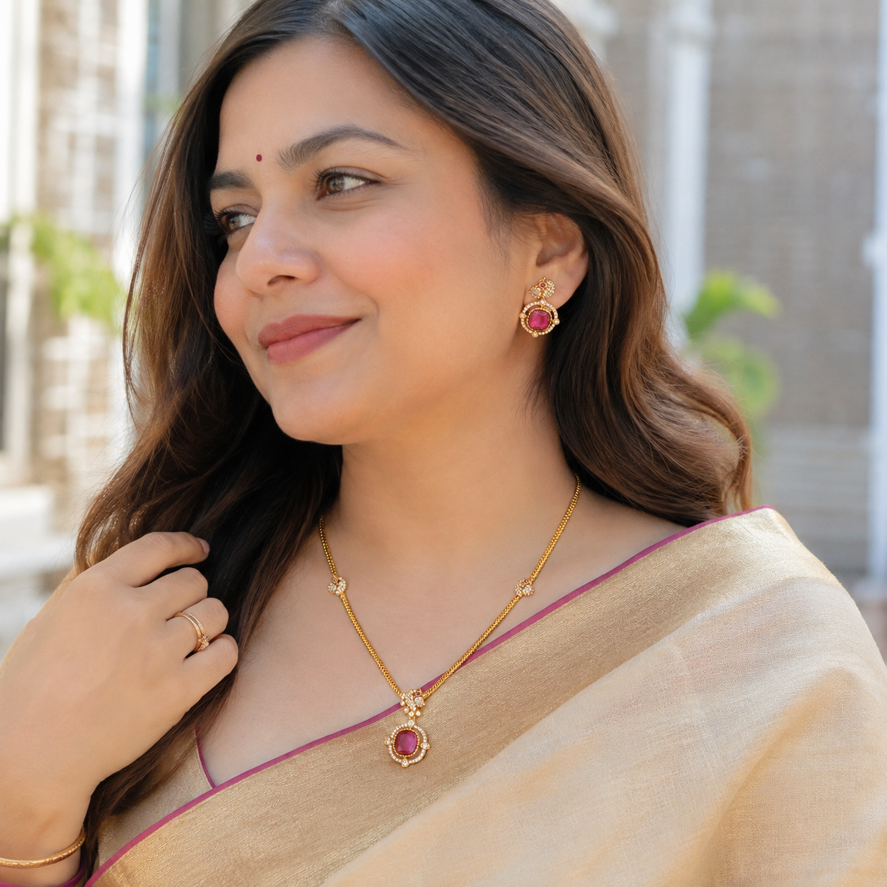 Gold Plated Ruby Diamond Pendant Set
