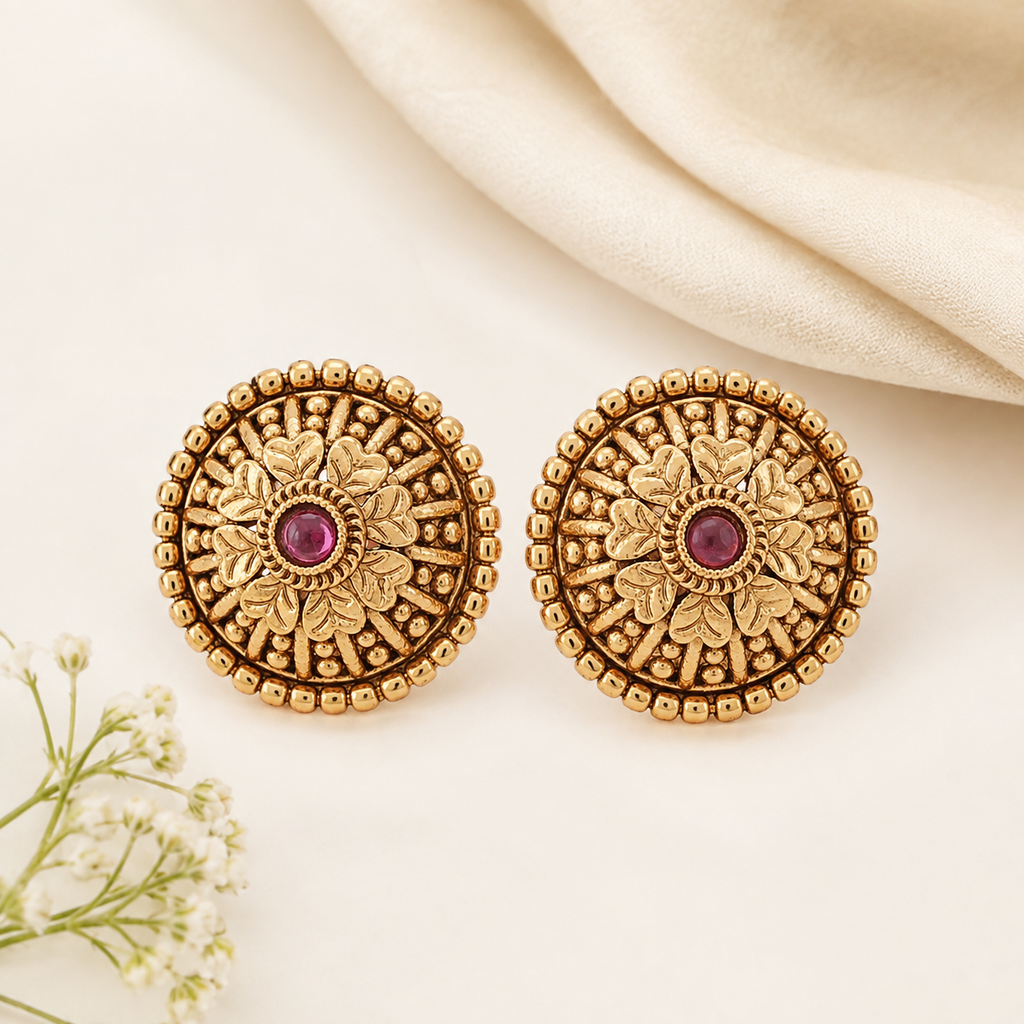 Gold Plated Floral Ruby Stud Earring