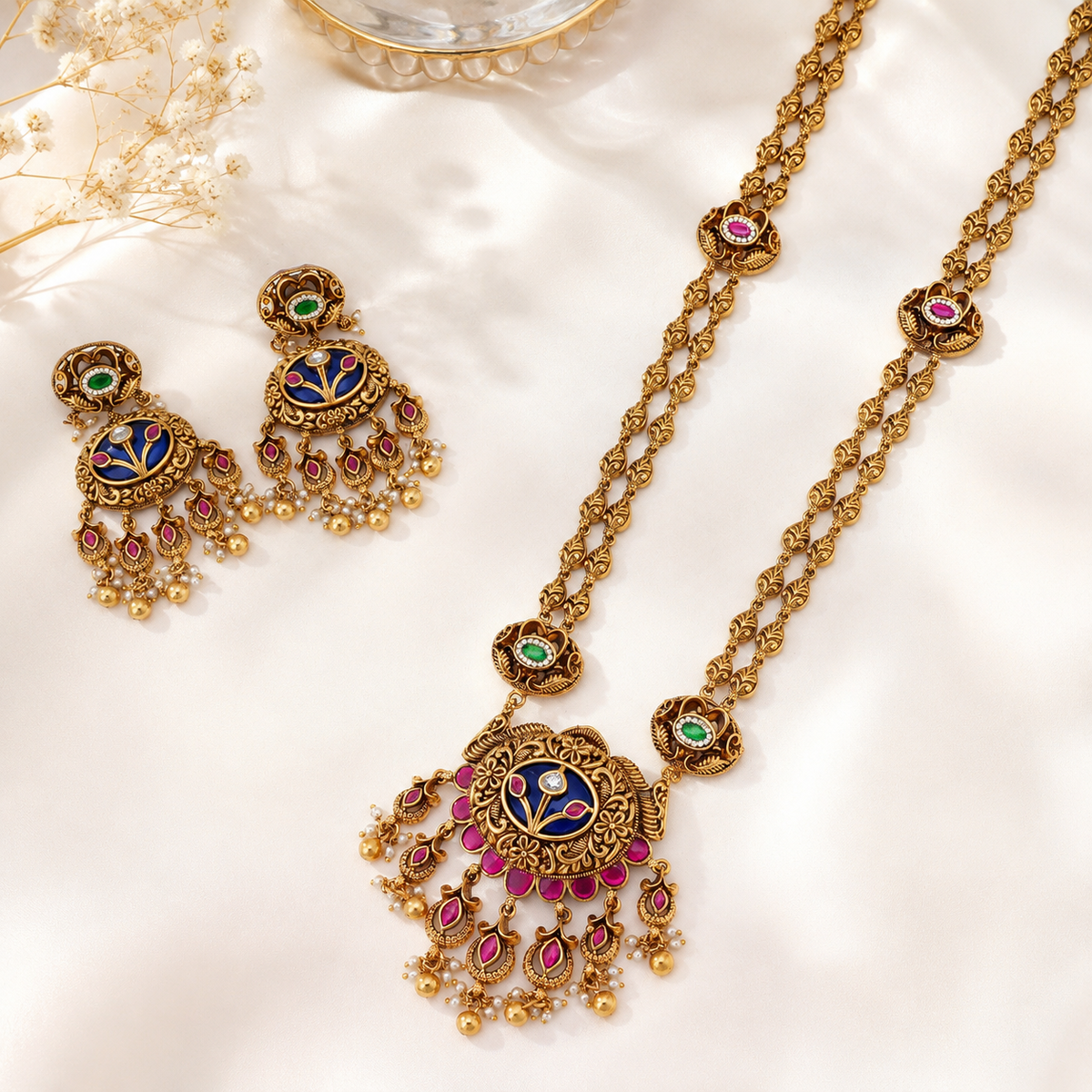 Gold Plated Long Meenakari Stone Necklace Set