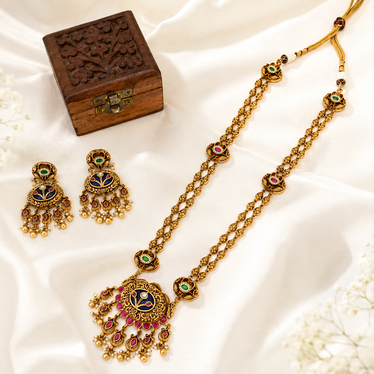 Gold Plated Long Meenakari Stone Necklace Set