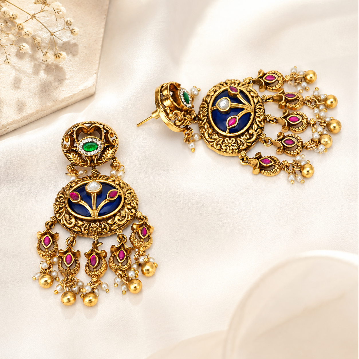 Gold Plated Long Meenakari Stone Necklace Set