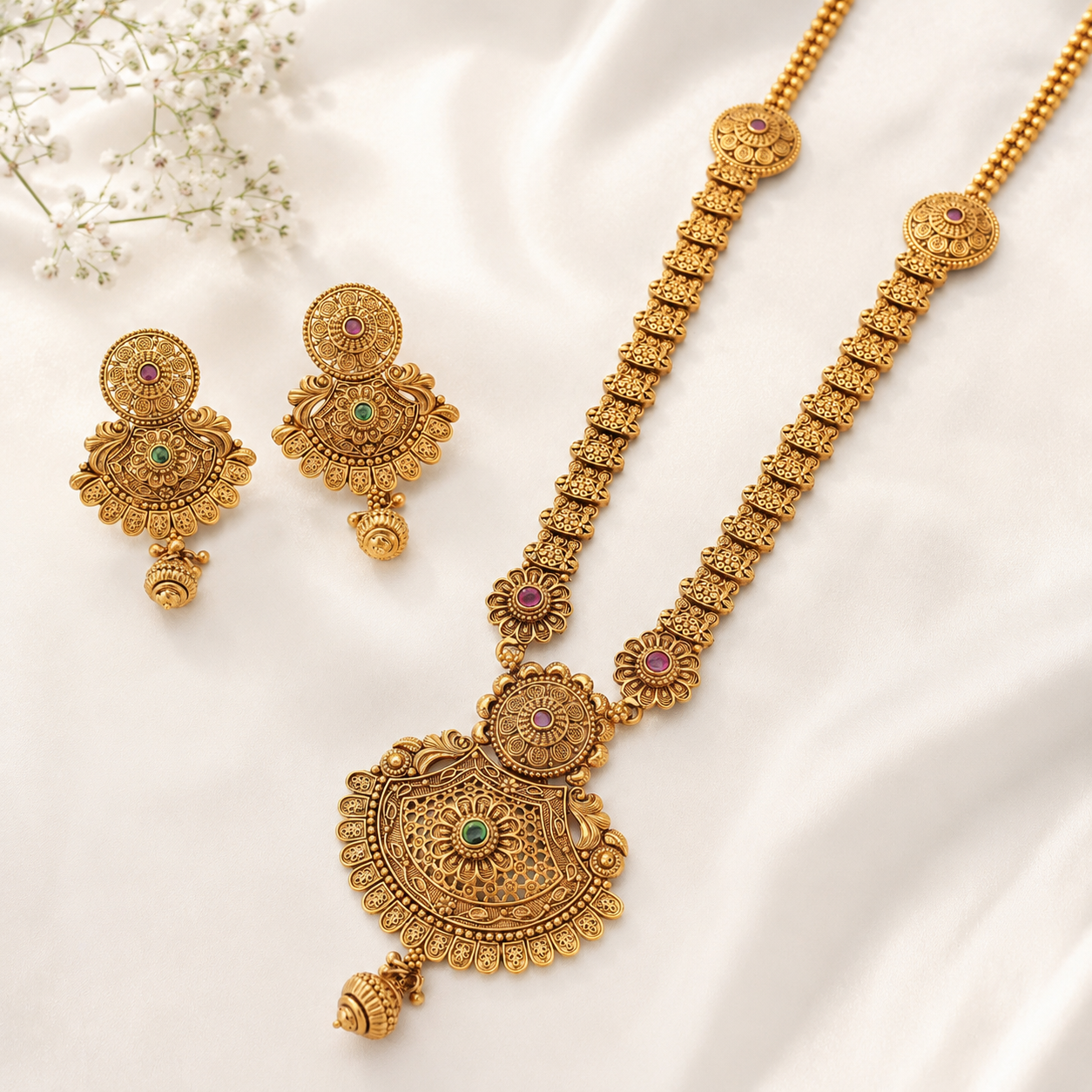 Antique Gold Long Stone Necklace Set With Earring
