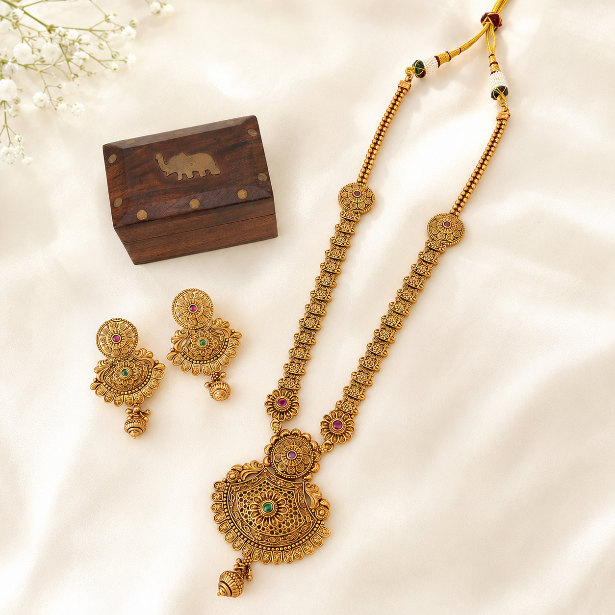 Antique Gold Long Stone Necklace Set With Earring
