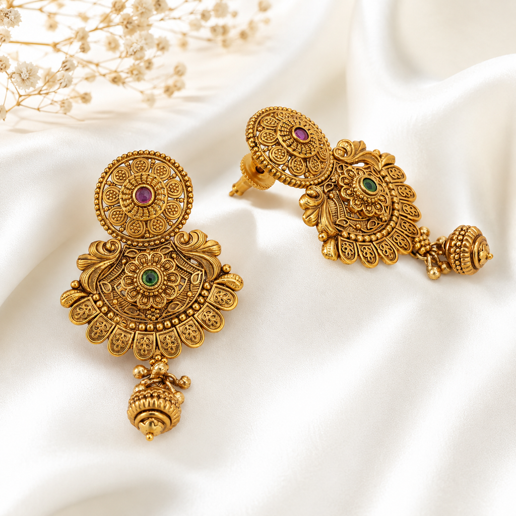 Antique Gold Long Stone Necklace Set With Earring