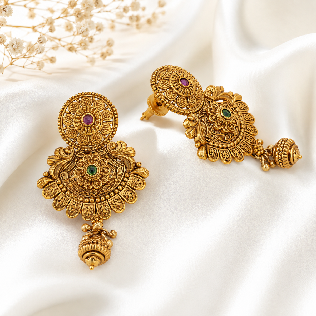 Antique Gold Long Stone Necklace Set With Earring