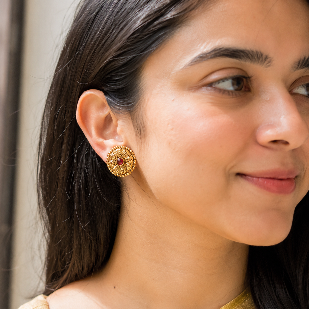 Gold Plated Filigree Ruby Stud Earring