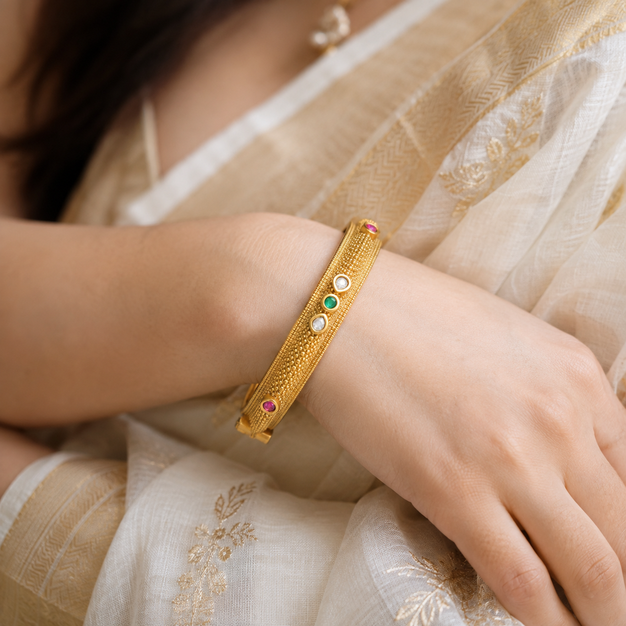 Gold Plated Stone Kada Bangle