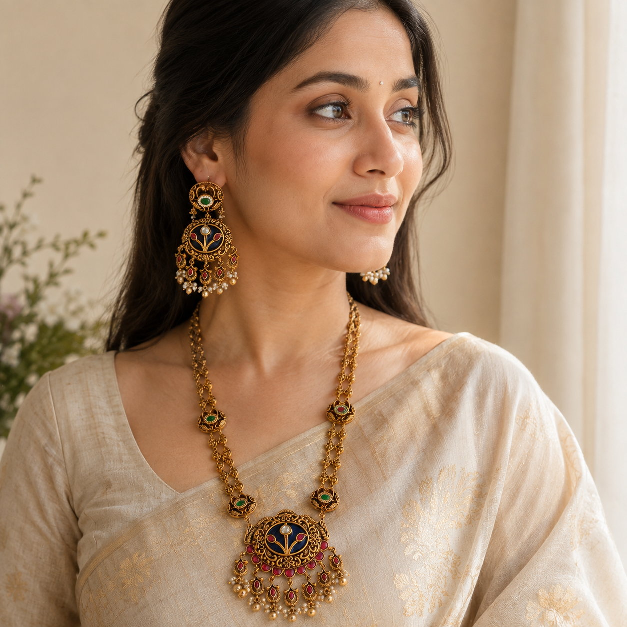 Gold Plated Long Meenakari Stone Necklace Set