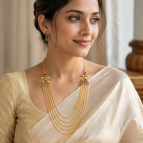 Antique Gold Chain Layer Kundan Necklace Set