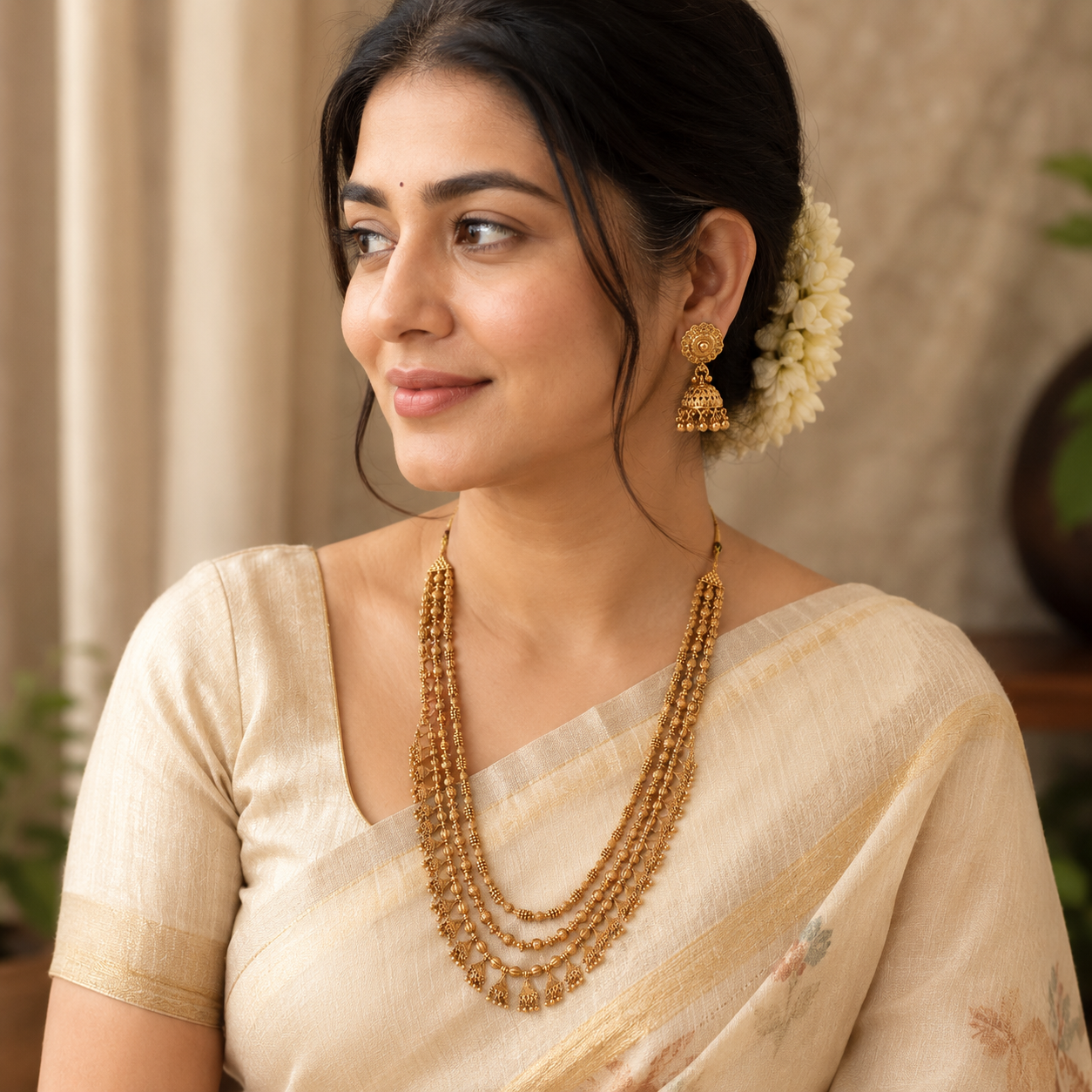 Long plain stunning gold mala necklace set